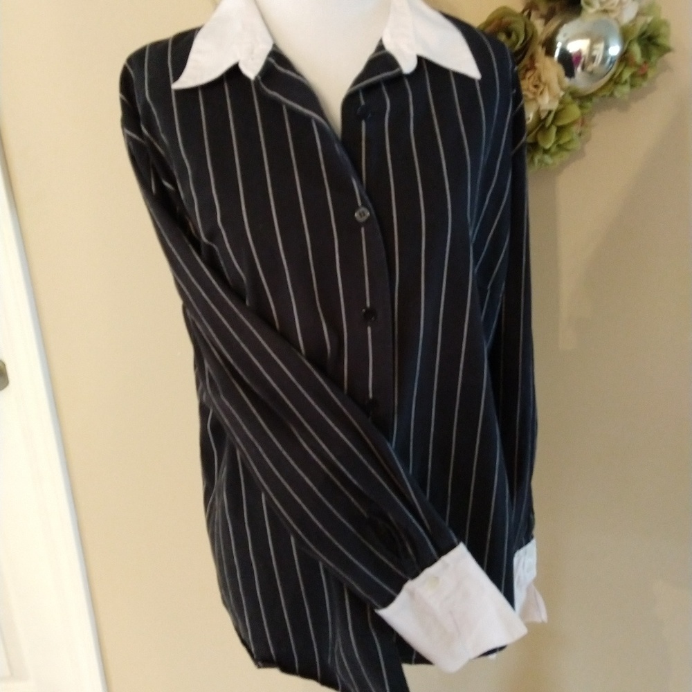 Black and White pinstripe button down shirt.